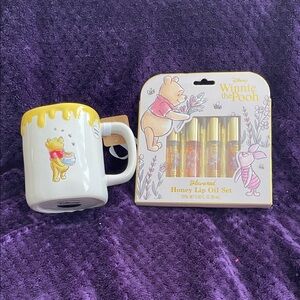 Rae Dunn Disney Winnie The Pooh Cup & 4 Pack Honey Lip Oil Set NWT